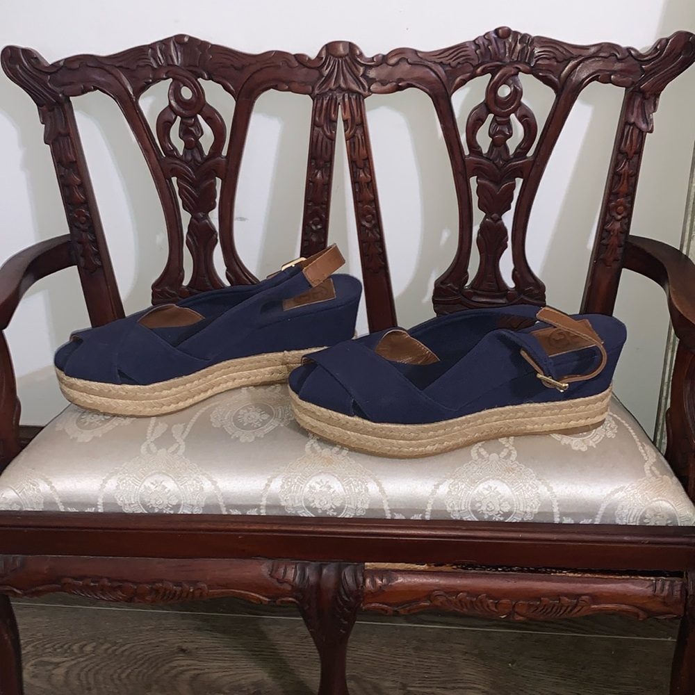 Tory Burch (Navy Espadrille Wedge Sandals - Picture 5 of 8